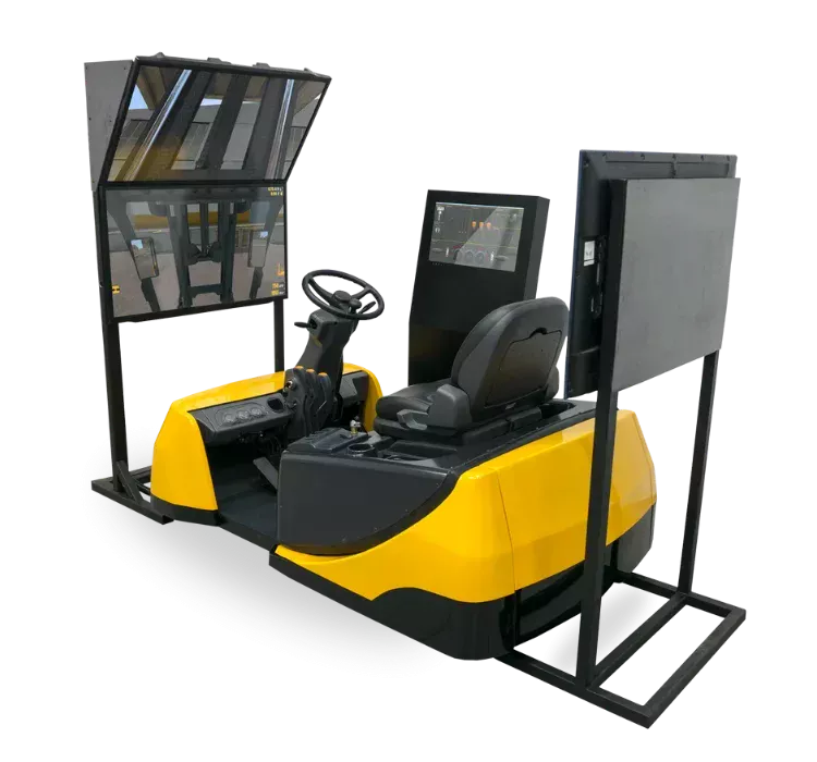 SANLAB SIMPRO3 forklift simulator with real cab, steering, and motion base