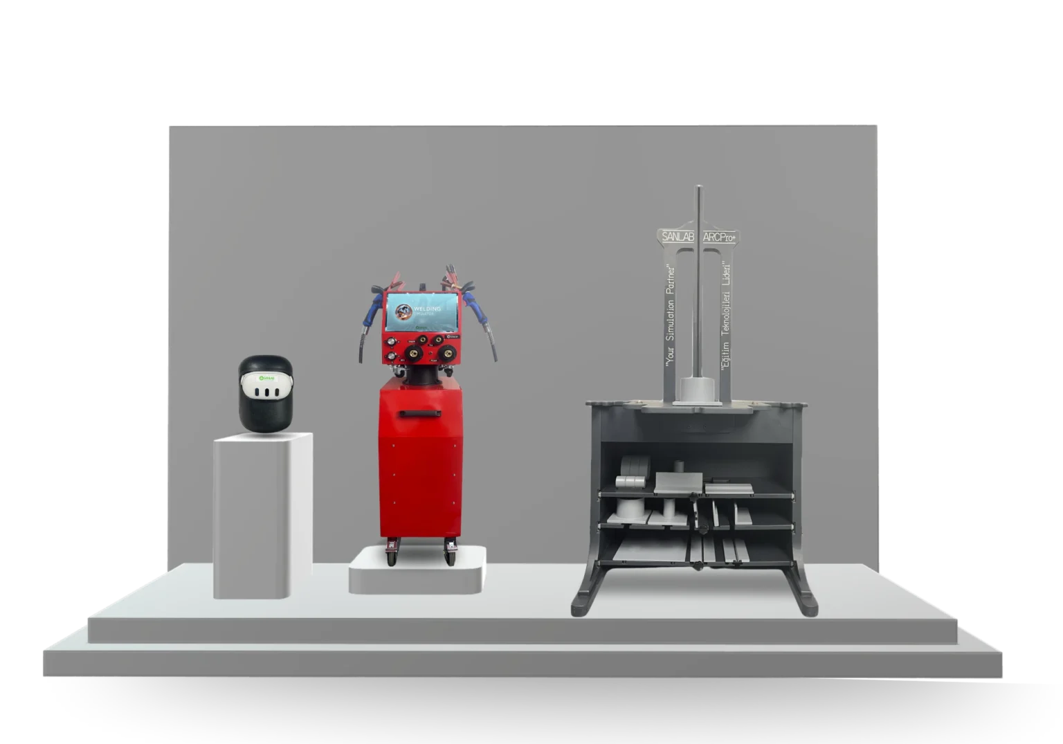 SANLAB All-in-One VR welding simulator with real torch hardware and workpiece stand