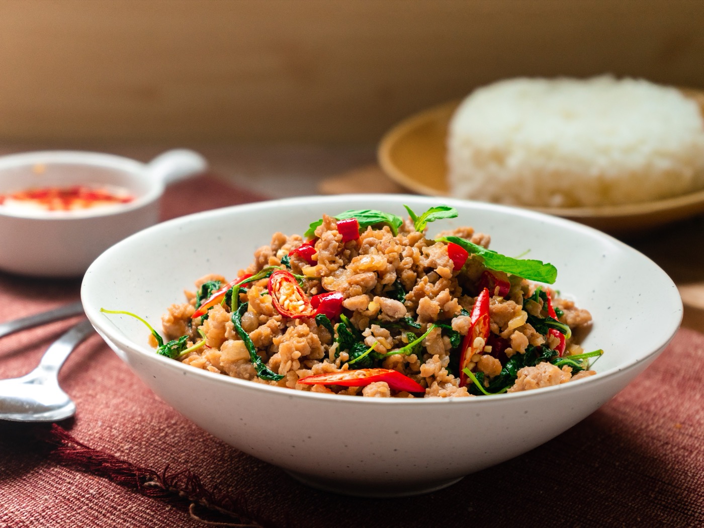 Basil pork stir-fry with chili and jasmine rice